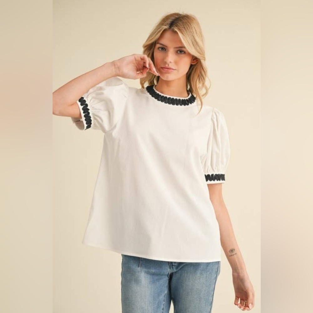 Style  USA - White Puff Sleeve Top with Black Trim